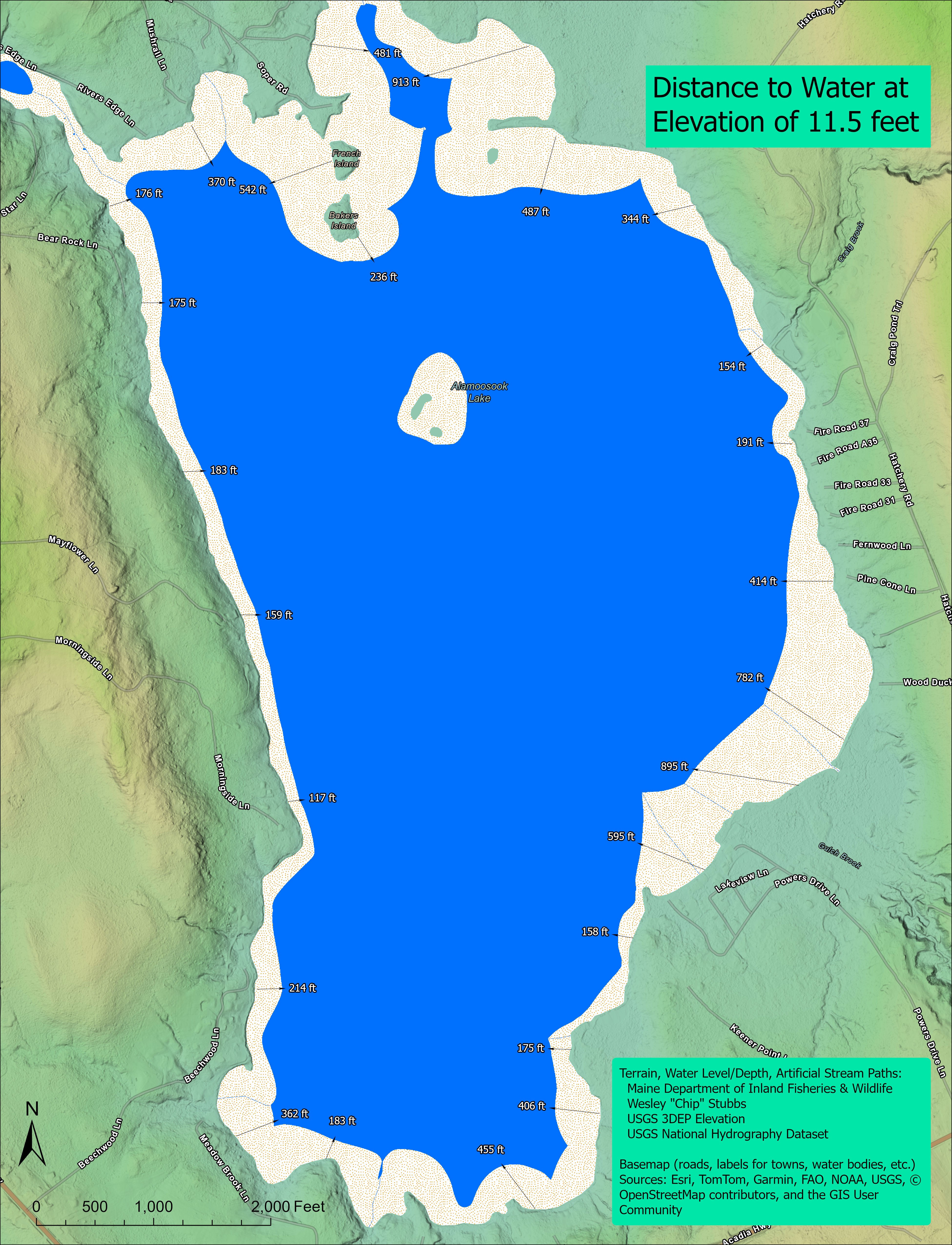 Alamoosook Lake Distance
       to Shoreline after 8 ft Drop in the Water Level